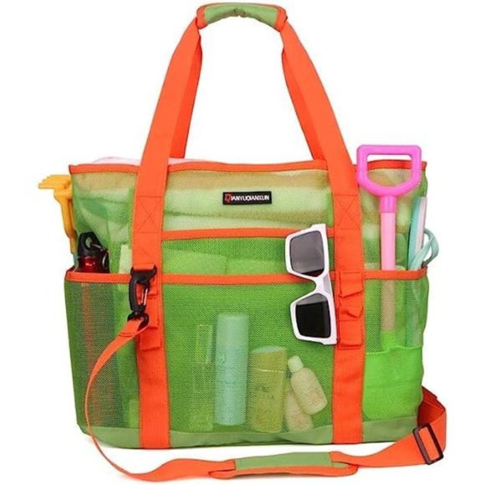 Mesh Beach Bag 40L Large with 9 Pockets Bag Green and Orange